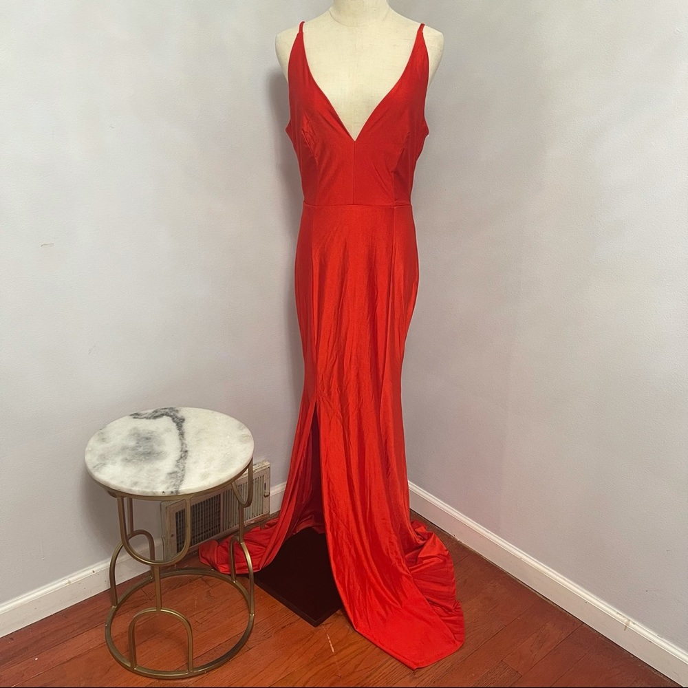# Windsor Bright Red V Neck / V Back Stretchable Long Dress